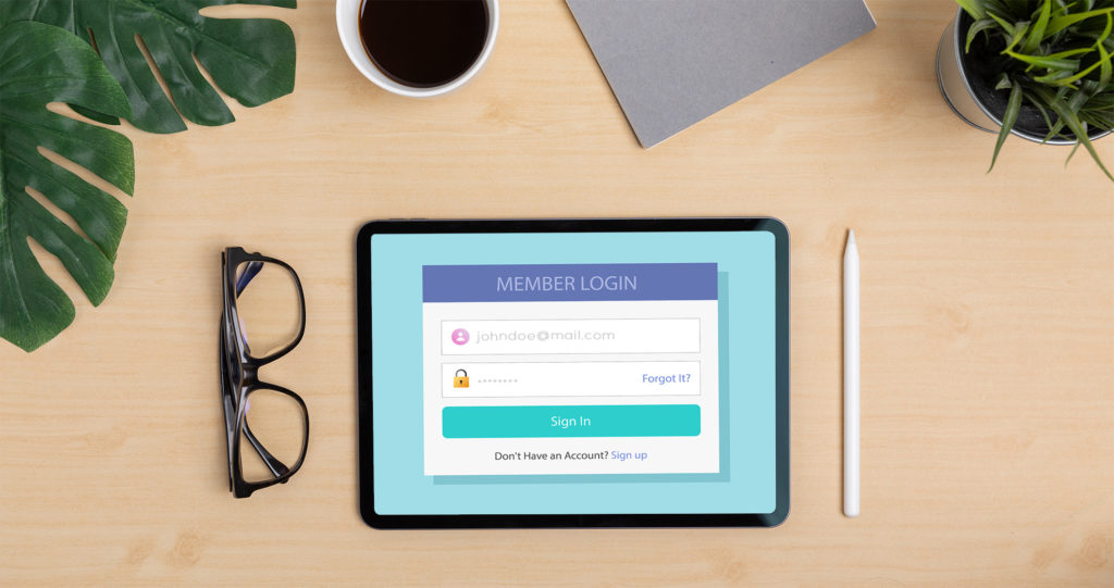 Member login screen on a tablet sitting on a desk