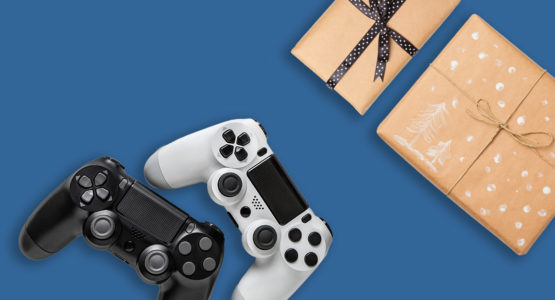 Video game remotes and wrapped holiday gifts